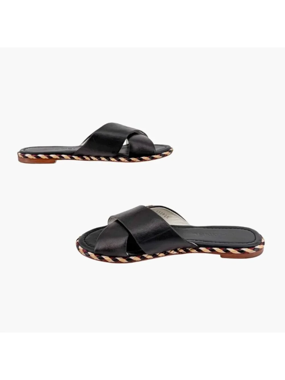 Chanel CC Braided Slide Sandals Black Leather Size 39C US 8-8.5 Wide Flat Mule